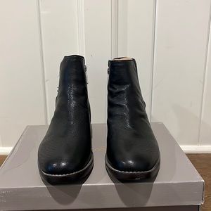 Dressy, leather, low-block heel black booties.